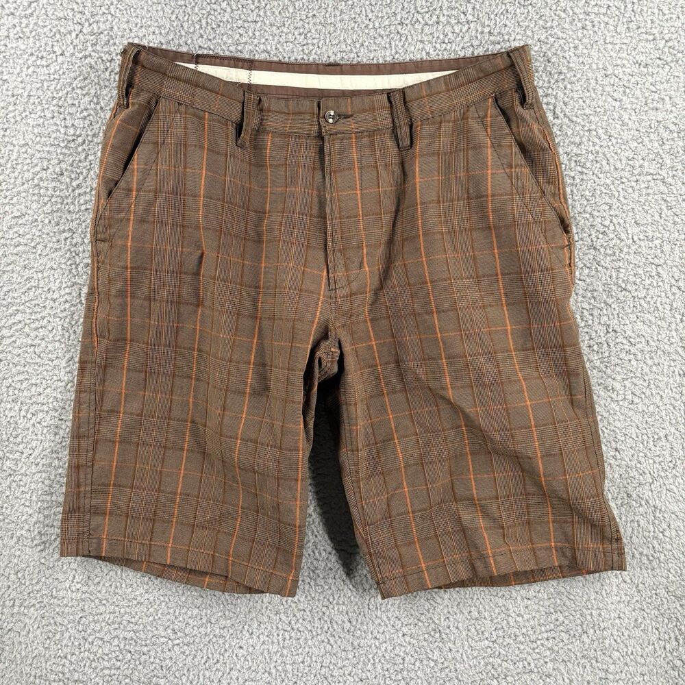KAVU Shorts Mens 36 Brown Orange Plaid Stretch Outdoor 12” Climbing Flat Front